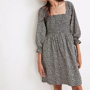 Madewell Lucie Elbow-Sleeve Smocked Cotton Dress Small Black White Floral Boho